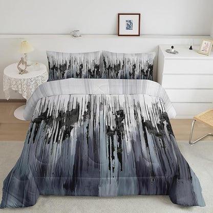 Black Grey White Gradient Print Comforter Set King Size,Abstract Art Bedding Set,Patchwork Printed Quilted Set for Teens Adult,with 1 Comforter and 2 Pillow Case