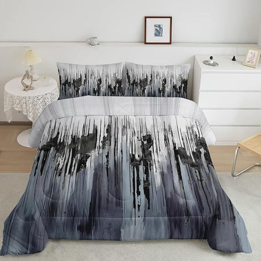 Black Grey White Gradient Print Comforter Set Twin Size,Abstract Art Bedding Set,Patchwork Printed Quilted Set for Teens Adult,with 1 Comforter and 2 Pillow Case