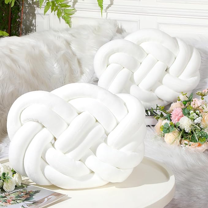 Sintuff Set of 2 Velvet Knot Pillow Ball 14 x 16 Inch Soft Decorative Knotted Throw Pillow for Christmas Thanksgiving Couch Home Sofa Bedroom Decor to Add Comfort and Style(White)
