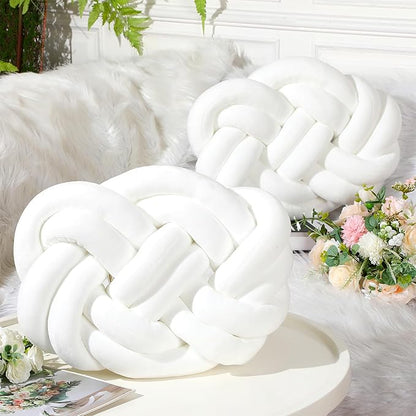 Sintuff Set of 2 Velvet Knot Pillow Ball 14 x 16 Inch Soft Decorative Knotted Throw Pillow for Christmas Thanksgiving Couch Home Sofa Bedroom Decor to Add Comfort and Style(White)