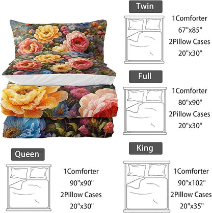 Vintage 3D Flower Floral Comforter Set Full Size 3PCS,Colorful Flowers Pattern Bedding Set for Teen Adult,Floral Themed Room Decor Ultra-Soft Lightweight Microfiber with 2 Pillowcases