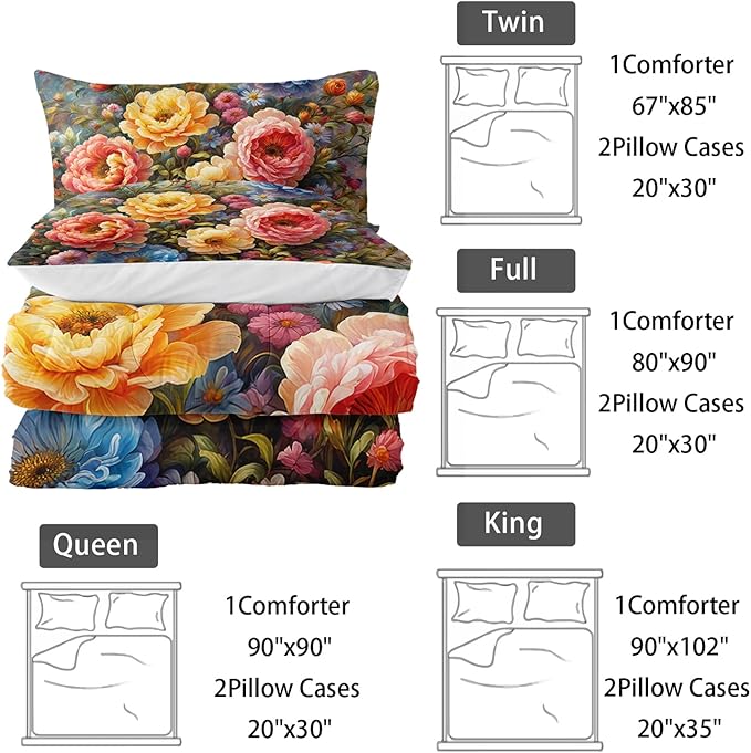 Vintage 3D Flower Floral Comforter Set Queen Size 3PCS,Colorful Flowers Pattern Bedding Set for Teen Adult,Floral Themed Room Decor Ultra-Soft Lightweight Microfiber with 2 Pillowcases