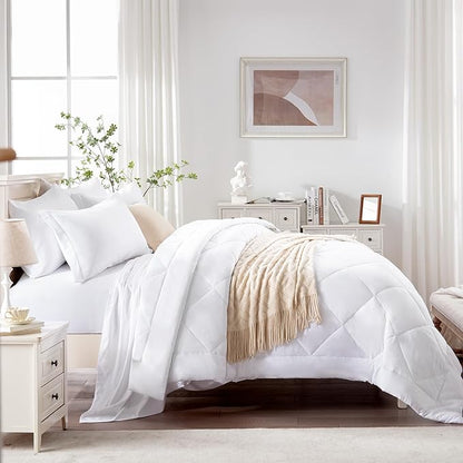 Love's cabin Twin Comforter Set White, 5 Pieces Twin Bed in a Bag, All Season Bedding Sets with 1 Comforter, 1 Flat Sheet, 1 Fitted Sheet, 1 Pillowcase and 1 Pillow Sham
