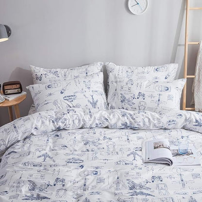 KAREVER Aircraft Comforter Set Queen Boys White Cartoon Bedding Set Alternative Comforters Airplane Car Tank Printed Bedding Blanket Full for Children Teen Boy with Microfiber Inner Insert