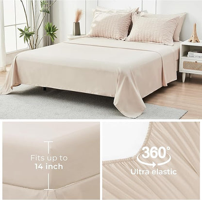 HYMOKEGE Beige Oversized King Comforter Set Seersucker 7 Pieces, All Season Luxury Bed in a Bag for Bedroom, Bedding Set with Comforter, Sheets, Pillowcases & Shams