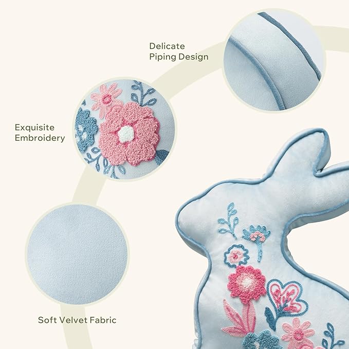 Phantoscope Happy Easter Bunny Shaped Throw Pillow, Embroidered Floral Patterns Cushion Soft Velvet Easter Rabbit Decorative Pillow for Couch Living Room Bed, Blue,18.5 x 13 inches