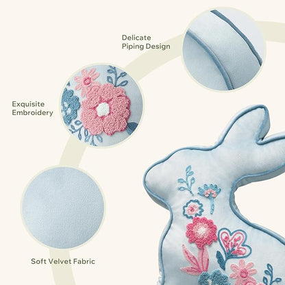 Phantoscope Happy Easter Bunny Shaped Throw Pillow, Embroidered Floral Patterns Cushion Soft Velvet Easter Rabbit Decorative Pillow for Couch Living Room Bed, Blue,18.5 x 13 inches