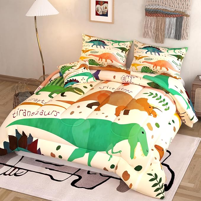 6 Pieces Dinosaur Comforter Sets,3D Pattern Brown Color,Decorative 6 Piece Bedding Sets with Comforter,Flat Sheet,Fitted Sheet,Throw Pillow Cover,Pillow Shams,Full Size
