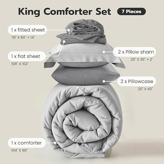 Joiedomi King Size Comforter Set with Sheets Light Grey, 7 Pieces King Bedding Set with 1 Down Alternative Comforter, 1 Flat Sheet, 1 Fitted Sheet, 2 Pillowcases and 2 Pillow Shams, Bed in a Bag