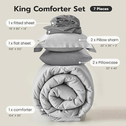 Joiedomi King Size Comforter Set with Sheets Light Grey, 7 Pieces King Bedding Set with 1 Down Alternative Comforter, 1 Flat Sheet, 1 Fitted Sheet, 2 Pillowcases and 2 Pillow Shams, Bed in a Bag