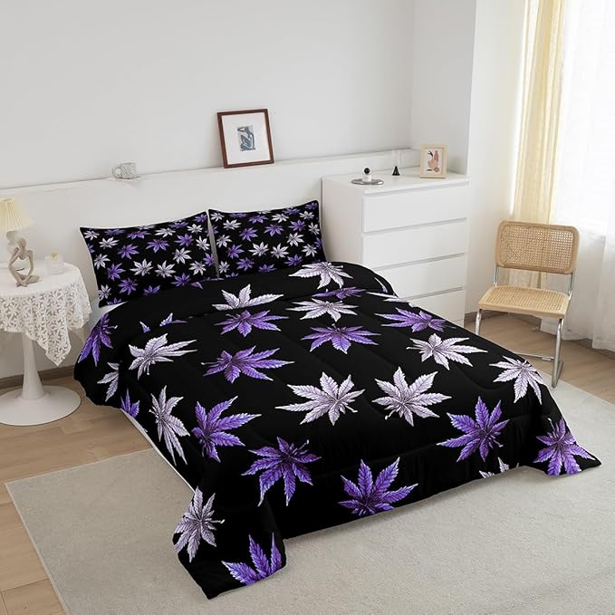 Erosebridal Purple Leaves Comforter Set Twin, Leaves Bedding for Kids Teens Adult,Tropical Botanical Down Comforter,Exotic Plant Bedding Comforter Sets,Lightweight
