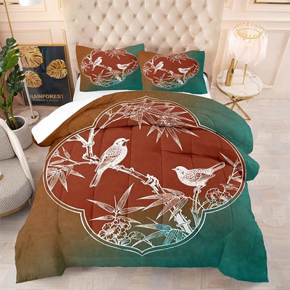 Queen Comforter Set 3 Pieces Vintage Bamboo Leaves Birds Bedding Set Teal Tan Soft Microfiber Down Alternative Comforter with 2 Pillowcases