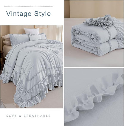 QSH Light Blue Ruffle Oversized King Comforter 128x120,3PCs Farmhouse Shabby Vintage Chic Ruffled Bed Comforter Set French Country Rustic California King Bedding Comforter Set Soft and Lightweight