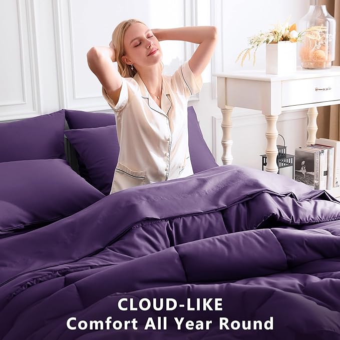 CozyLux King Size Comforter Set Purple, 7 Pieces Bed in a Bag, Purple Comforter King Size, All Season Bedding Sets with Stitch Quilted Comforter, Flat Sheet, Fitted Sheet, Pillowcases