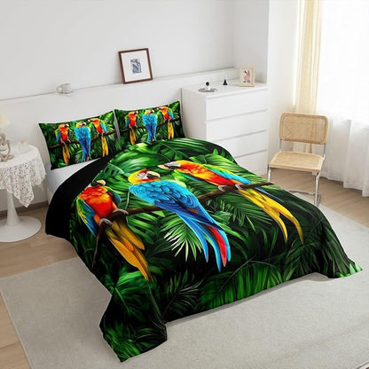 Parrot Bedding Twin Size,Watercolor Animal Feather Down Comforter,Palm Leaf Comforter Set for Kid Teens Boys Man,Modern Tropical Plant Birds Bedroom Decor 2 Pcs Bedding Set