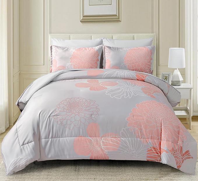 Yiran Blush Grey Floral Bed in a Bag Comforter 7 Pieces Soft Microfiber Comforter Set Bedding Set King Size 104"×90"(1 Comforter,2 Pillowcases,2 Pillow Shams,1 Flat Sheet,1 Fitted Sheet)