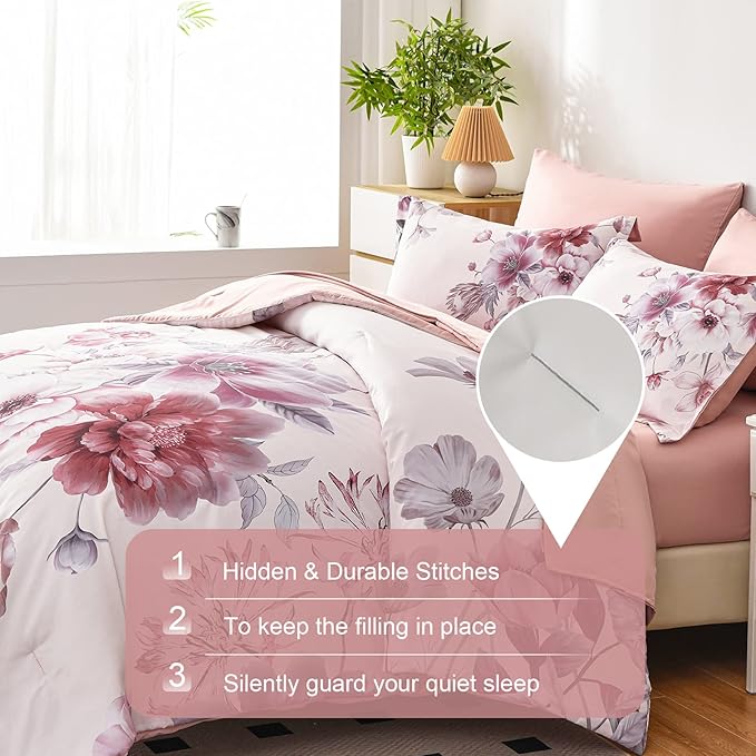 Floral Comforters Queen Size 7 Pieces Botanical Pink Bed in a Bag Ulter Soft Microfiber Bedding Set, Lightweight Bed Comforter Set with Sheets for All Season (Pink, Queen)