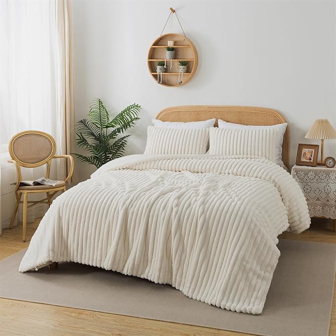 Lotus Karen Faux Fur King Size Comforter Set 3 Pieces – Soft Fluffy White Comforter Full Size, Vertical Striped Faux Rabbit Fur Fuzzy Warm Bedding Set（1 Comforter and 2 Pillowcases）