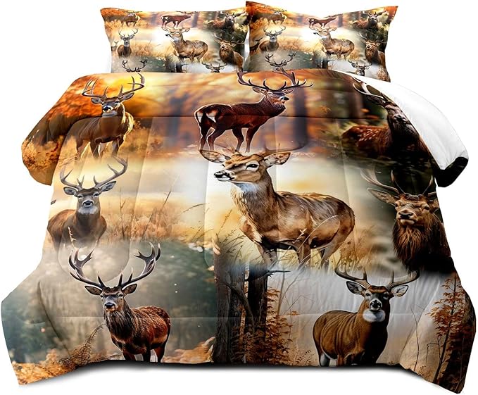 LUVIVIHOME 3PCS Rustic Deer Comforter Set Full Size, Hunting Bedding, Elk Moose Autumn Woodland Forest Animal Wildlife Camo Hunter Country Lodge Cabin Rustic Farmhouse Bedroom Decor, 2 Pillow Shams