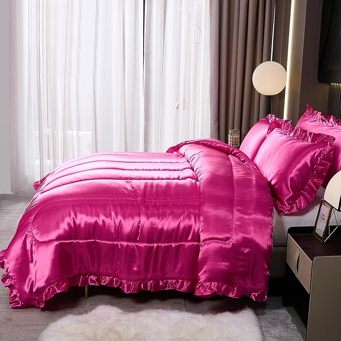 Hot Pink Queen Comforter Set Silk Like Satin Bedding Set 4 Pcs Hotel Soft Polyester Satin Bed Set Luxury Silky Body Pillow Cover Ruffle Down Comforter Home Decor