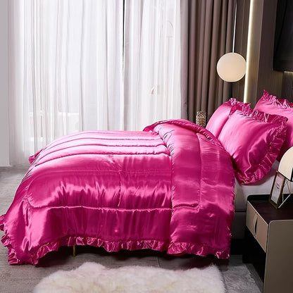 Bedding_Dreamer Satin King Comforter Silk Like Beddings Hotel Soft Polyester Hot Pink Bed Set Luxury Silky Body Pillow Cover Ruffle Home Decor
