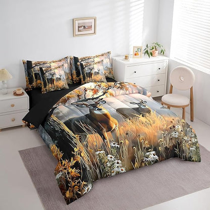 Erosebridal 7 Pcs Cute Deer Comforter Set for Kids Boys Girls Full Size - Woodland Hunting Deer Bedding Set with Sheets Woodland Wild Animal Bed in A Bag Farmhouse Rustic Cabin Lodge Duvet Insert