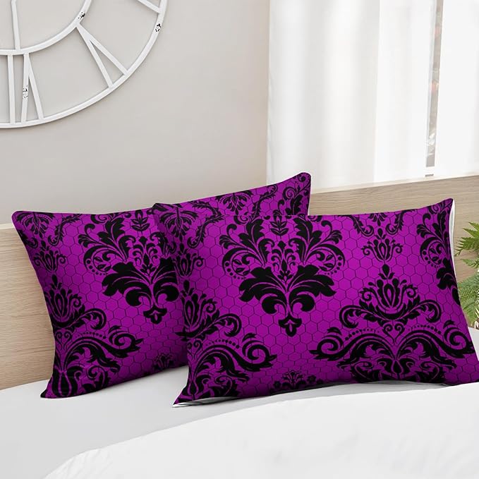 Violet Gothic Floral Print Comforter Set Full Size,Vintage Damask Floral Bedding Set,Bohemian Exotic Printed Quilted Set for Teens Adult,with 1 Comforter and 2 Pillow Case