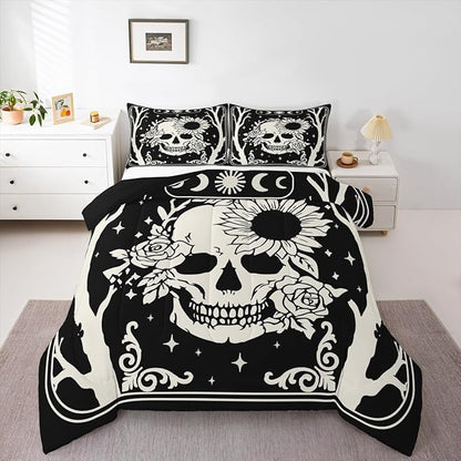 Erosebridal Halloween Skeleton Queen Comforter Set, Gothic Skull Bedding Set, Skull Floral Comforter for Kids Boys Girls Teens Women Men Vintage Halloween Decor, Sun and Moon Black Goth Quilt