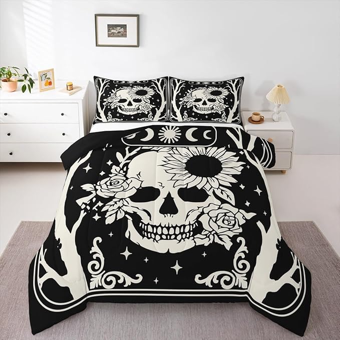 Erosebridal Halloween Skeleton Toddler Comforter Set, Gothic Skull Bedding Set, Skull Floral Comforter for Kids Boys Girls Teens Women Men Vintage Halloween Decor, Sun and Moon Black Goth Quilt