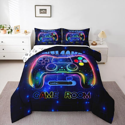 jejeloiu Cool Gamer Bedding Set Full Size for Boys 3D Gaming Comforter Set Kids Teens Bright Blue Duvet Set Modern Game Console Quilt Set 3Pcs