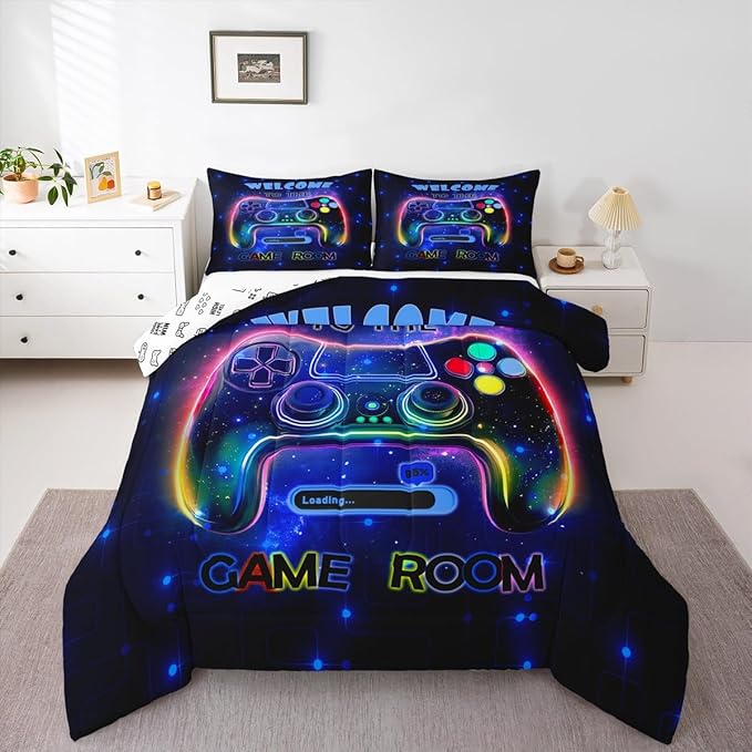 jejeloiu Cool Gamer Bedding Set Twin Size for Boys 3D Gaming Comforter Set Kids Teens Bright Blue Duvet Set Modern Game Console Quilt Set 2Pcs