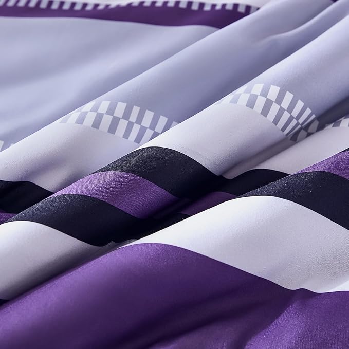 WONGS BEDDING Comforter Set King Size, Purple Bed in a Bag, 7 Pieces Comforter with Sheet Set, Striped Bedding Set for All Seaon (104"×90")