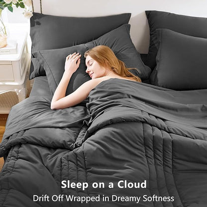 CozyLux Oversized Queen Comforter Set - 7 Pieces Bed in a Bag Dark Grey Comforter Set with Sheets All Seasons Bed Set, Soft Bedding Set with Down Alternative Comforter, Sheets, Pillowcases & Shams