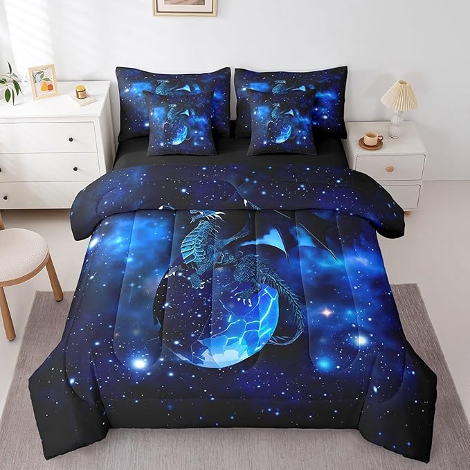 Feelyou Dragon Comforter Set Twin Size 7 Pcs Galaxy Space Universe Comforter Bed in a Bag Jungle Animals Dragon Bedding Set for Boys Girls Dragon Lover Bed Set with Sheets, Pillowcases, Pillow Covers