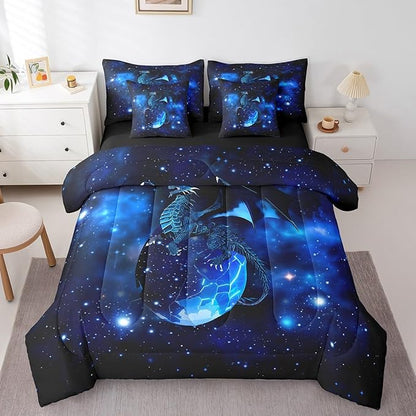 Feelyou Dragon Comforter Set Twin Size 7 Pcs Galaxy Space Universe Comforter Bed in a Bag Jungle Animals Dragon Bedding Set for Boys Girls Dragon Lover Bed Set with Sheets, Pillowcases, Pillow Covers