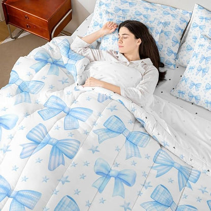 Erosebridal Kawaii Cute Girls Blue Bowknot Full Comforter Set 7 Pieces | Bow Kids Bed in A Bag for Bedroom Dreamy Bedding Set with Comforters Starry Princess Room Decor