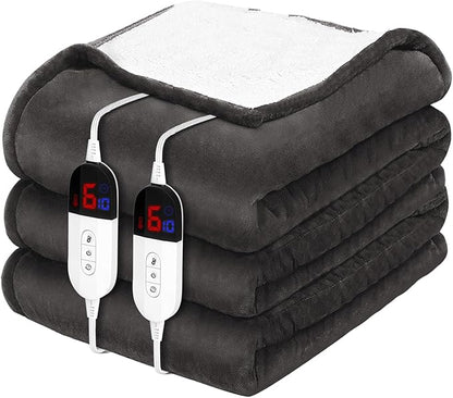 HOW'S MY HOUSE Heated Blanket 90" x 100", Dual Control Electric Blanket King Size with 10 Time Settings & 6 Heating Levels, Over-Heat Protection, Flannel Sherpa Super Cozy with ETL Certification, Gray