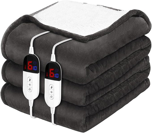 HOW'S MY HOUSE Heated Blanket 90" x 100", Dual Control Electric Blanket King Size with 10 Time Settings & 6 Heating Levels, Over-Heat Protection, Flannel Sherpa Super Cozy with ETL Certification, Gray