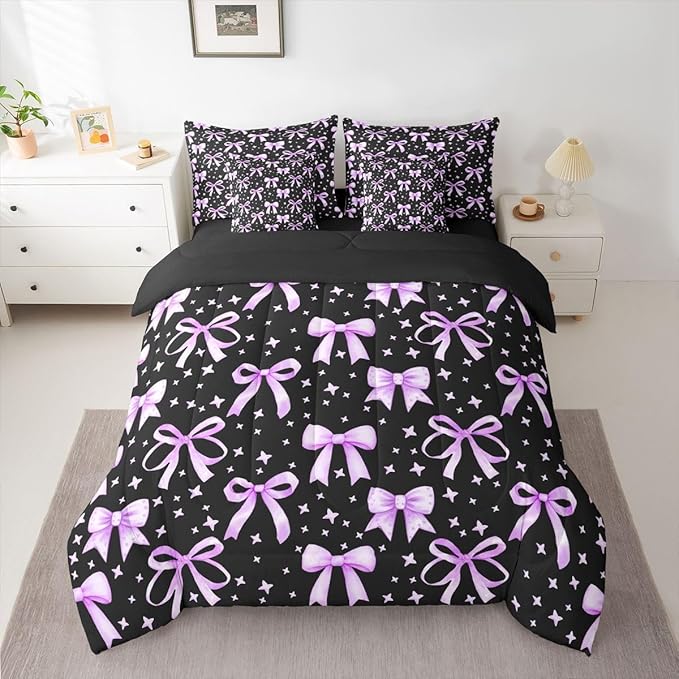 Erosebridal Kawaii Black Purple Cute Girls Bowknot Comforter Set Queen Size 7 Pieces | Princess Bed in A Bag Dreamy Y2K Bed Set Bow Kids Bedding