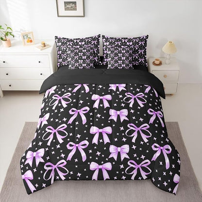 Erosebridal Kawaii Black Purple Cute Girls Bowknot King 7-Piece Comforter Set | Princess Sheets and Pillowcases Dreamy Y2K Bed in A Bag Bow Kids Bed Sets