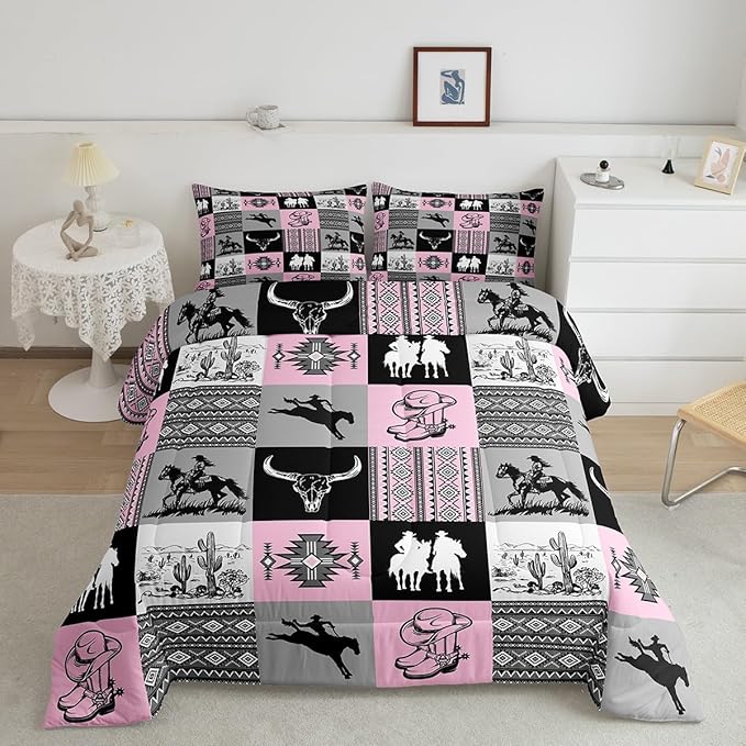 Western Comforter Set King Size,Cowgirl Bull Skull Cactus Print Bedding Set,Grey Pink Patchwork Plaid Striped Quilt Set for Kids Girls Women Boys Room Decor,Rustic Country Duvet Insert 3Pcs