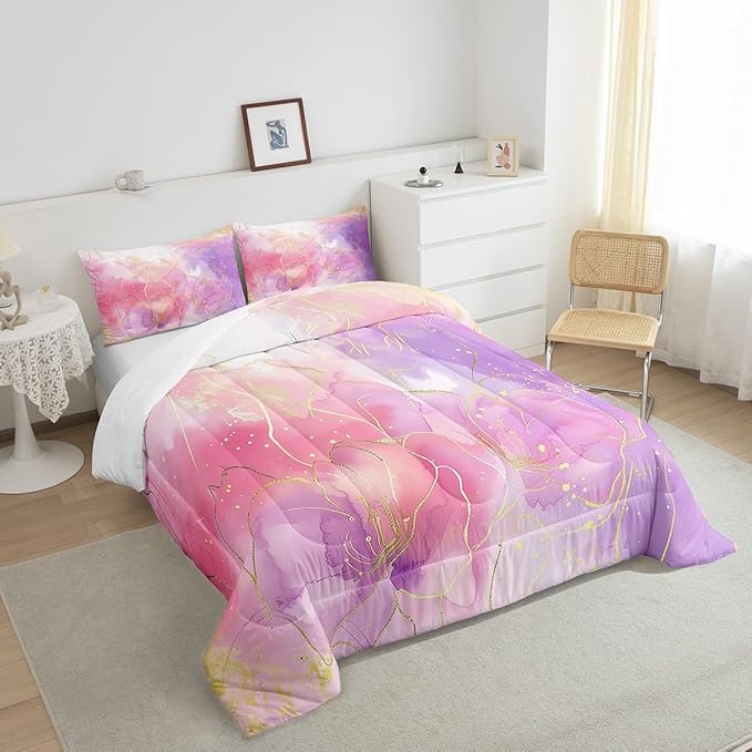 Erosebridal Pink Marble Bedding Comforter Sets Full Size, Tie Dye Decor Comforter Set for Boys Girls Women Bedroom, Gold Bronzing Bedding Purple Modern Abstract Quilt with 2 Pillowcases