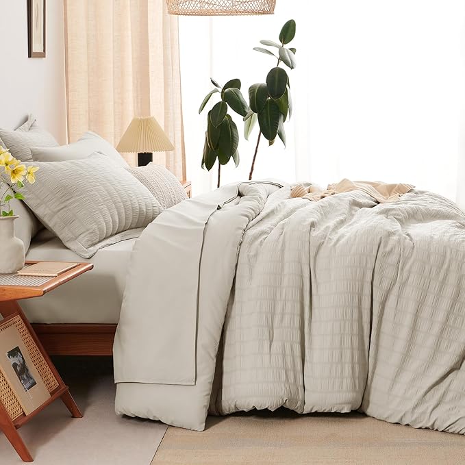 CozyLux Twin Comforter Set with Sheets Seersucker 5 Pieces, Beige Bed in a Bag for Bedroom, Textured Luxury Soft Bedding Set with Down Alternative Comforter, Sheets, Pillowcase & Sham for All Seasons