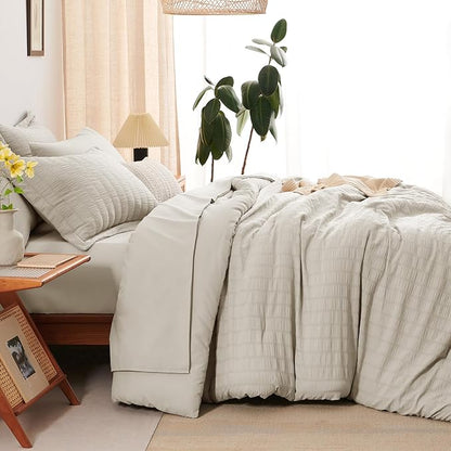 CozyLux Twin Comforter Set with Sheets Seersucker 5 Pieces, Beige Bed in a Bag for Bedroom, Textured Luxury Soft Bedding Set with Down Alternative Comforter, Sheets, Pillowcase & Sham for All Seasons