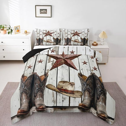 Erosebridal Western Texas Star Comforter Set, Rustic Farmhouse Bedding Set Toddler Size, Retro Cowboy Horseshoe Quilt for Kids Teens Adult Men Bedroom, Country Wooden Door Bedding Comforter Sets