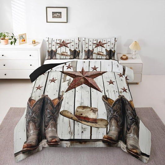Erosebridal Western Texas Star Comforter Set, Rustic Farmhouse Bedding Set Toddler Size, Retro Cowboy Horseshoe Quilt for Kids Teens Adult Men Bedroom, Country Wooden Door Bedding Comforter Sets