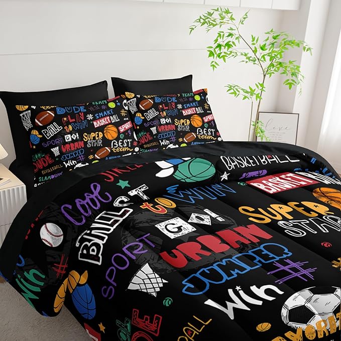 Sports Ball King Comforter Set,Football Rugby Basketball Bedding Set for Kids Boys Girls Youth Ball Sports Themed Bedroom Decor Bedding Set 7 Pcs Bed in A Bag