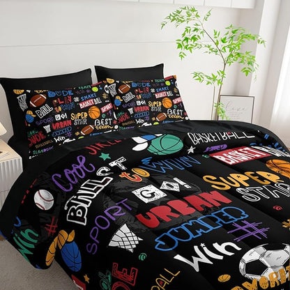 Sports Ball King Comforter Set,Football Rugby Basketball Bedding Set for Kids Boys Girls Youth Ball Sports Themed Bedroom Decor Bedding Set 7 Pcs Bed in A Bag