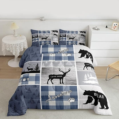 Erosebridal Kids Deer Bear Comforter Set, Rustic Farmhouse Quilt Vintage Adventure Camping Bedding Twin Size for Boys Teens Adult,Retro Cabin Lodge Plaid Duvet Insert Deer Gifts for Girls,Blue Grey