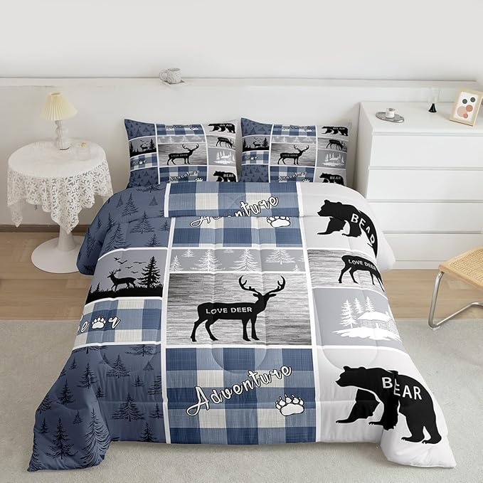 Erosebridal Kids Deer Bear Comforter Set, Rustic Farmhouse Quilt Vintage Adventure Camping Bedding King Size for Boys Teens Adult,Retro Cabin Lodge Plaid Duvet Insert Deer Gifts for Girls,Blue Grey